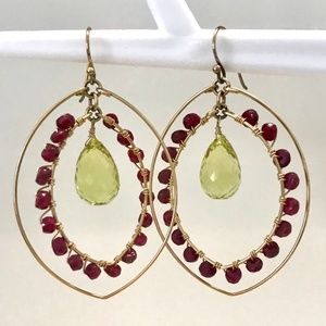 Briolette Gemstone Dangle Hoops w/Beaded Detail